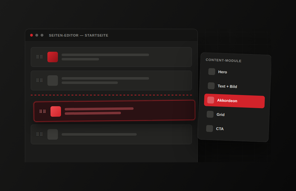 Seiten-Editor von Payload CMS mit flexibel anordenbaren Content-Modulen wie Hero, Text + Bild, Akkordeon, Grid und CTA.