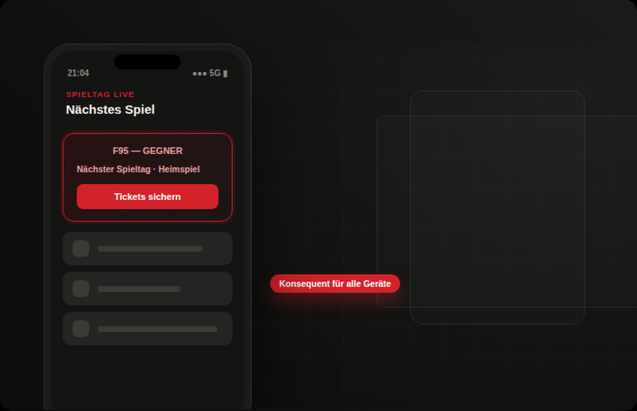 Mobile Ansicht mit Live-Spieltagsinfos und Ticket-Kauf, konsequent für unterschiedliche Gerätetypen ausgelegt.
