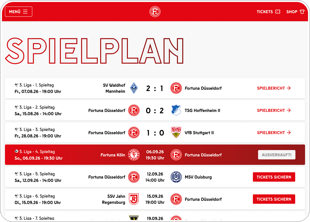 Spielplan-Seite mit chronologischer Übersicht aller Spiele, Ergebnissen und Ticket-Zugriff für kommende Begegnungen.