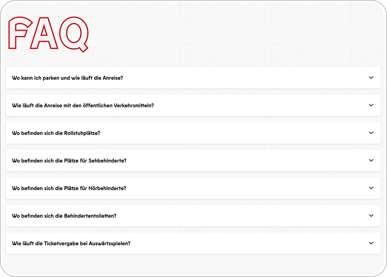FAQ-Bereich mit aufklappbaren Fragen rund um Anreise, Parken und Barrierefreiheit im Stadion.